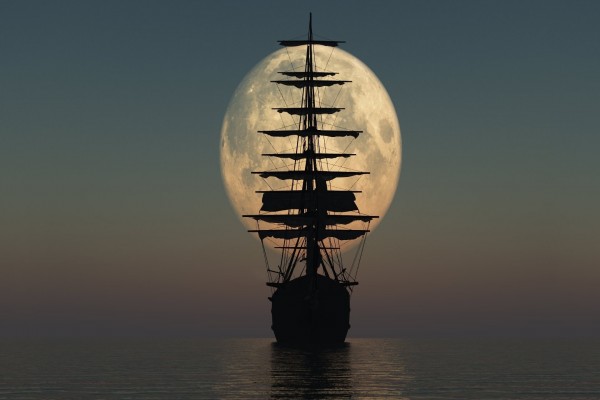 Barco navegando hacia la luna llena
