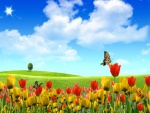 Mariposas en un campo de tulipanes