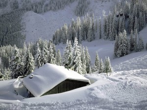 Cabaña cubierta de nieve en las montañas