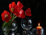Tulipanes rojos en un recipiente de vidrio junto a una vela encendida