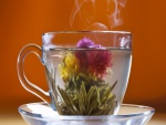 Flor y té verde infusionando en una taza