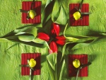 Cuatro tulipanes rojos sobre un mantel verde