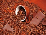 Onzas de chocolate entre granos de café