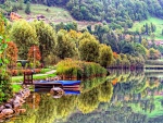 Árboles y barca reflejados en un lago