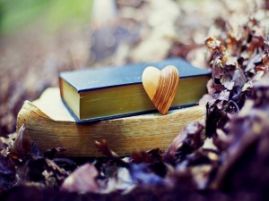 Corazón de madera junto a unos libros