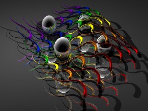 Postal: Varias bolas rodeadas por líneas de colores