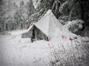 Tienda de campaña cubierta de nieve