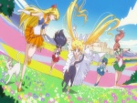 La Princesa Serenity corriendo con las guardianas  y los gatos Luna y Artemis (Sailor Moon)