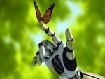 Mariposa posada en el dedo de un robot