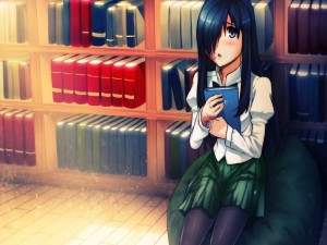 Chica anime en una biblioteca