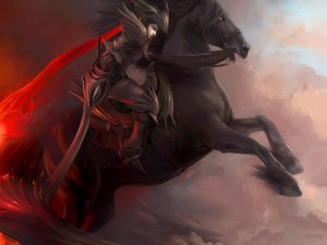 Guerrero montado en su caballo negro