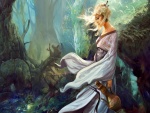 Una dama caminando entre las sombras de un bosque