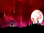 Meteoritos cayendo sobre una ciudad iluminada por la luna llena