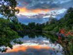 Cielo reflejado en el lago de un jardín