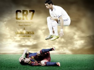 Cristiano Ronaldo (Real Madrid) saltando sobre Lionel Messi (F.C. Barcelona)