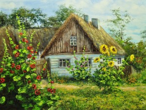 Pintura de una casita linda con flores en el jardín