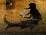 Criatura leyendo un libro, imagen en el panel izquierdo de "El jardín de las delicias" (El Bosco)