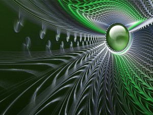 Esfera de color verde rodeada de fractales