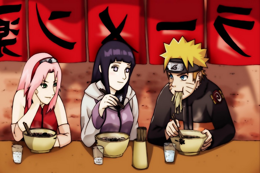 Naruto comiendo ramen junto a Hinata y Sakura (Naruto: Shippuden)