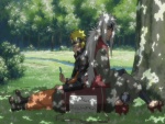 Naruto y Jiraiya descansando bajo un árbol