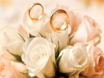 Anillos de boda sobre un ramo de rosa blancas