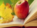 Manzana y hoja otoñal sobre un libro