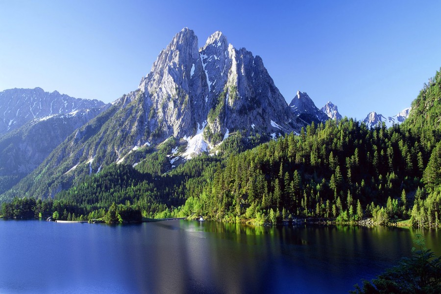 Montañas y bosques junto a un bello lago