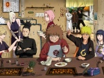 Naruto y sus compañeros comiendo en un restaurante