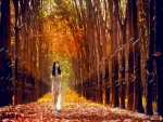 Chica caminando por un bosque otoñal