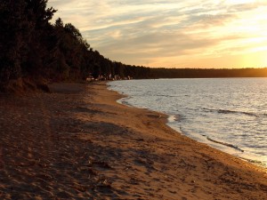 Paseando por una playa al amanecer