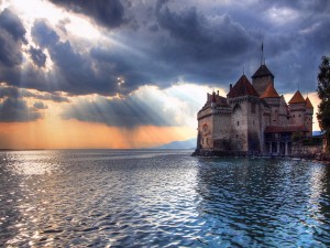 Postal: Castillo de Chillon y el lago Lemán (Suiza)