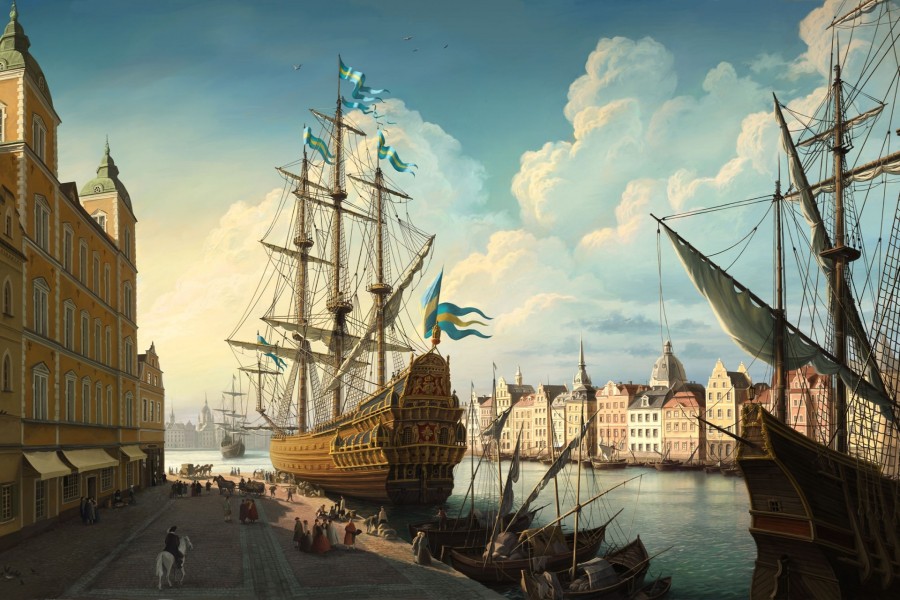 Barcos del siglo XVIII en una ciudad