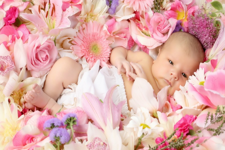 Bebé tumbado entre flores