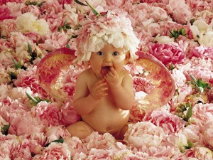 Bebé rodeado de flores