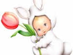 Bebé vestido de conejo con un tulipán