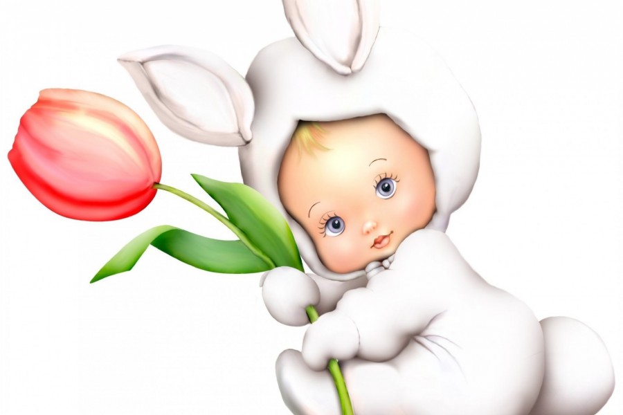 Bebé vestido de conejo con un tulipán