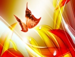 Mariposa volando sobre ondas rojas y amarillas