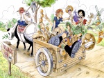 Personajes de la popular serie de anime "One Piece" montados sobre una carretilla