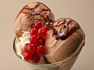 Una copa con helado de chocolate y grosellas