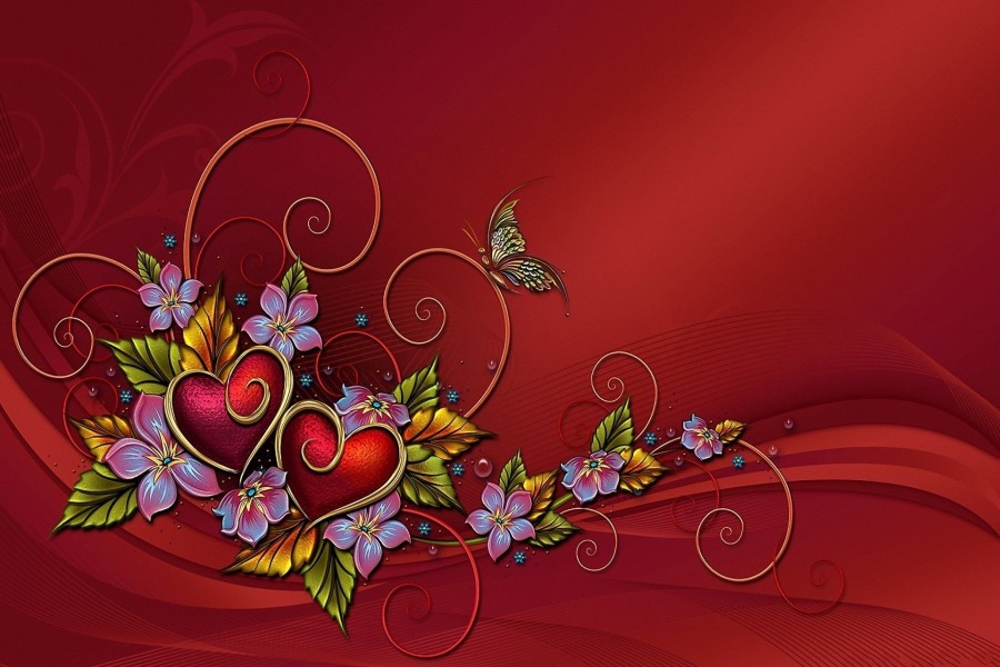 Mariposa, corazones y flores en un fondo rojo