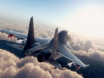 Avión de combate volando sobre las nubes