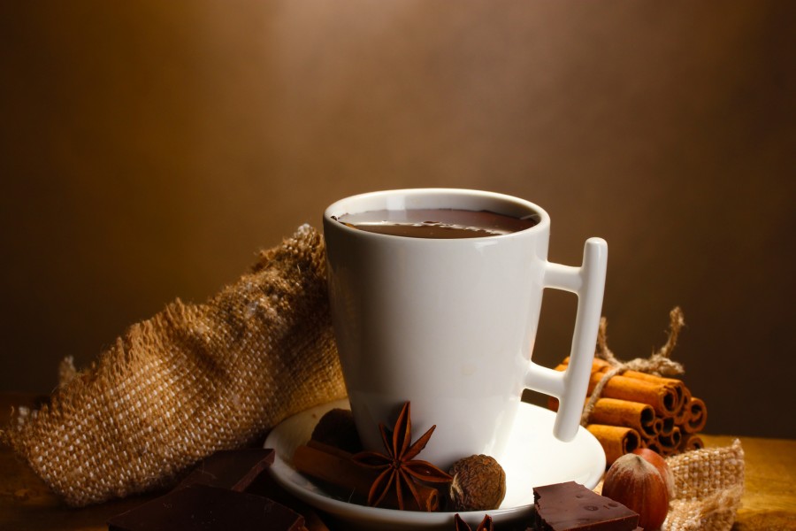 Una taza de chocolate con canela, avellanas y nuez moscada