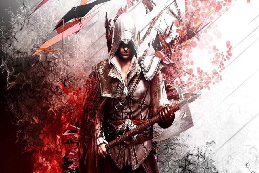 Arno Dorian sosteniendo su arma "Assassin's Creed"