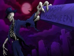 Esqueleto con una tarjeta de "Feliz Halloween"