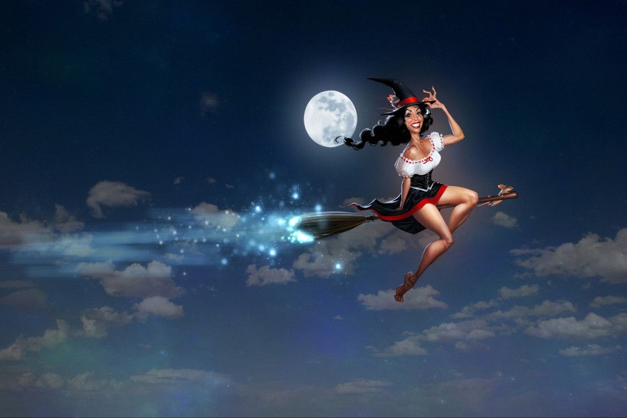 Bruja volando por el cielo en una noche de luna llena