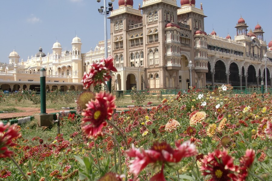 Flores frente al Palacio Real de Mysore (India)