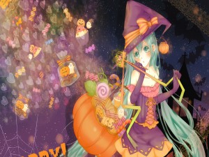 Postal: Chica anime festejando Halloween