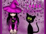 Bruja sentada junto a un gato negro en Halloween