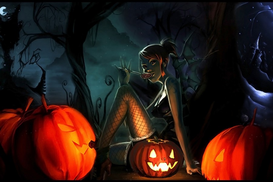 Chica junto a unas calabazas en la noche de Halloween