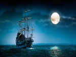 Navio en el mar en una noche clara con luna llena